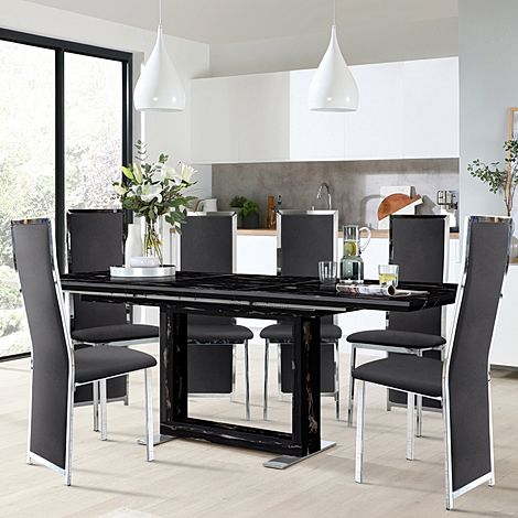 Tokyo Black Marble Extending Dining Table with 6 Celeste Black Velvet Chairs