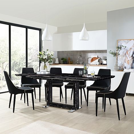 Tokyo Black Marble Extending Dining Table with 4 Modena Black Fabric Chairs