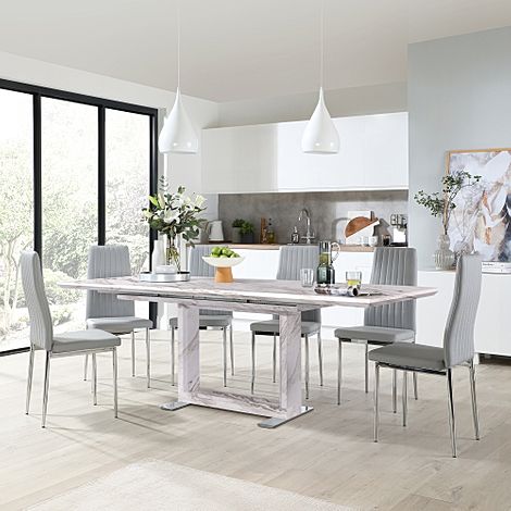 Tokyo Extending Dining Table & 4 Leon Chairs, Grey Marble Effect, Light Grey Classic Faux Leather & Chrome, 160-220cm