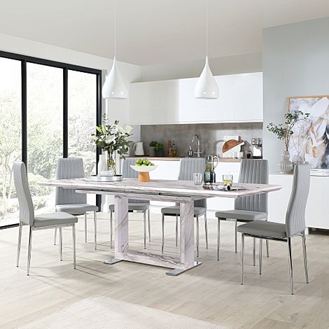 Tokyo Extending Dining Table & 8 Leon Chairs, Grey Marble Effect, Light Grey Classic Faux Leather & Chrome, 160-220cm