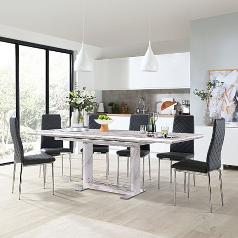 Tokyo Extending Dining Table & 4 Renzo Chairs, Grey Marble Effect, Grey Classic Faux Leather & Chrome, 160-220cm
