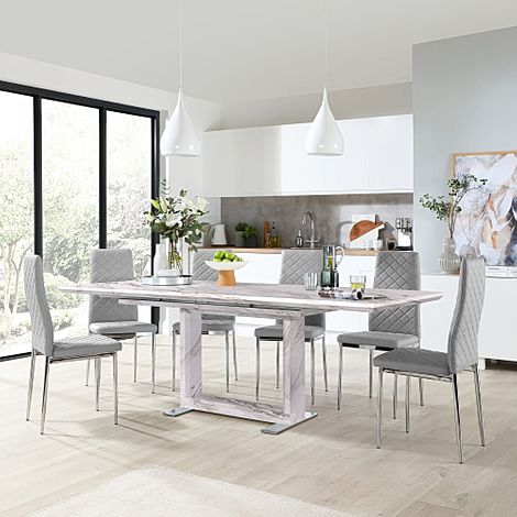 Tokyo Extending Dining Table & 4 Renzo Chairs, Grey Marble Effect, Light Grey Classic Faux Leather & Chrome, 160-220cm