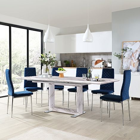 Tokyo Grey Marble Extending Dining Table with 4 Renzo Blue Velvet Chairs
