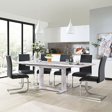 Tokyo Extending Dining Table & 8 Perth Chairs, Grey Marble Effect, Grey Classic Faux Leather & Chrome, 160-220cm