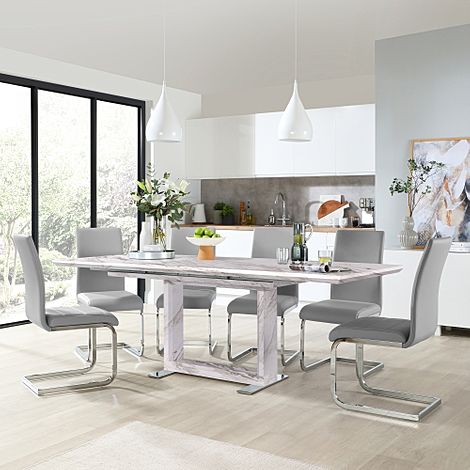 Tokyo Extending Dining Table & 4 Perth Chairs, Grey Marble Effect, Light Grey Classic Faux Leather & Chrome, 160-220cm