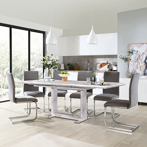 Tokyo Extending Dining Table & 4 Perth Chairs, Grey Marble Effect, Grey Classic Velvet & Chrome, 160-220cm