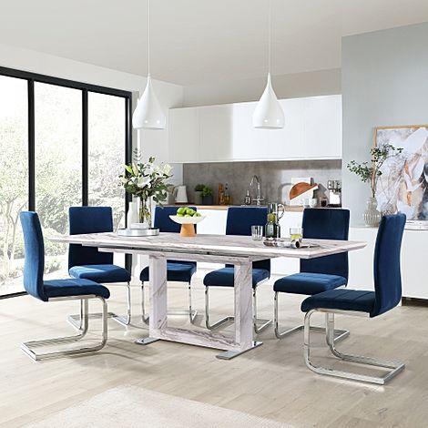 Tokyo Grey Marble Extending Dining Table with 4 Perth Blue Velvet Chairs