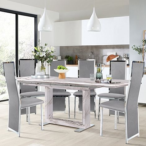 Tokyo Extending Dining Table & 4 Celeste Chairs, Grey Marble Effect, Grey Classic Velvet & Chrome, 160-220cm