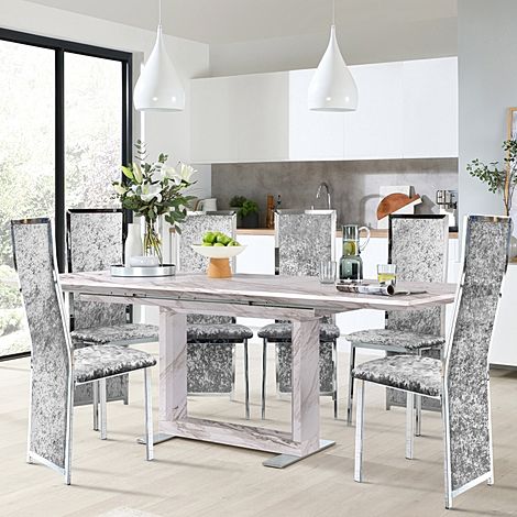 Tokyo Extending Dining Table & 6 Celeste Chairs, Grey Marble Effect, Silver Crushed Velvet & Chrome, 160-220cm