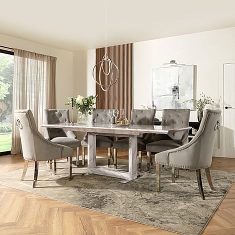 Tokyo Extending Dining Table & 4 Imperial Chairs, Grey Marble Effect, Grey Classic Velvet & Chrome, 160-220cm