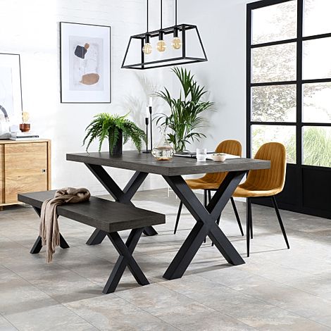 Franklin Dining Table, Bench & 2 Brooklyn Chairs, Grey Oak Veneer & Black Steel, Mustard Classic Velvet, 150cm