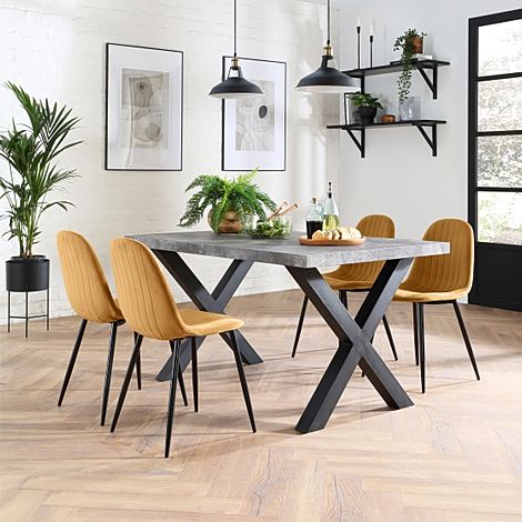 Franklin Industrial Dining Table & 4 Brooklyn Chairs, Grey Concrete Effect & Black Steel, Mustard Classic Velvet, 150cm