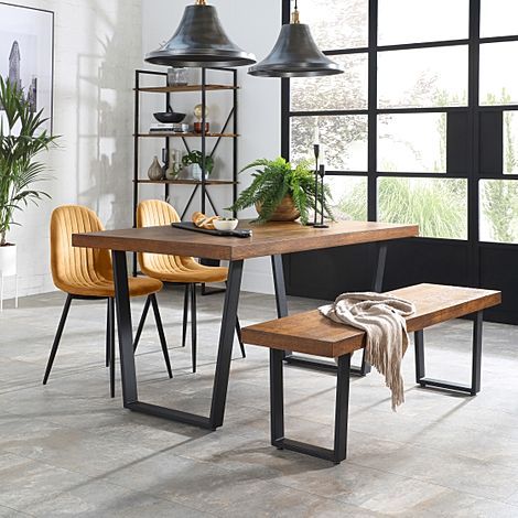 Addison Industrial Dining Table, Bench & 2 Brooklyn Chairs, Dark Oak Veneer & Black Steel, Mustard Classic Velvet, 150cm