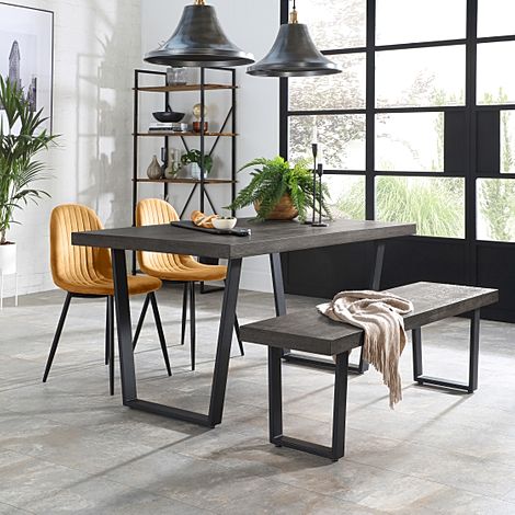 Addison Dining Table, Bench & 2 Brooklyn Chairs, Grey Oak Veneer & Black Steel, Mustard Classic Velvet, 150cm