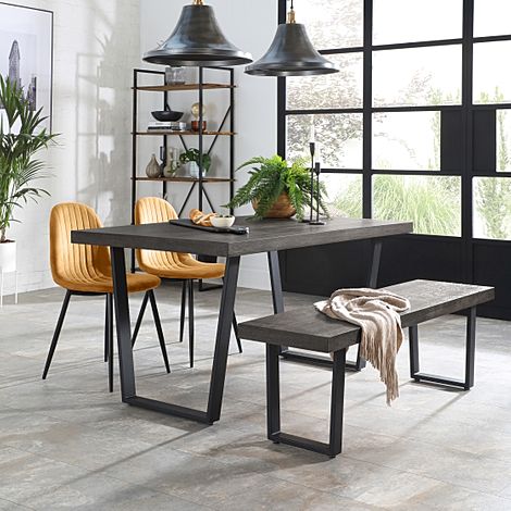 Addison Dining Table, Bench & 4 Brooklyn Chairs, Grey Oak Veneer & Black Steel, Mustard Classic Velvet, 150cm