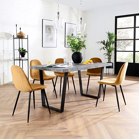 Addison 150cm Concrete Dining Table with 4 Brooklyn Mustard Velvet Chairs