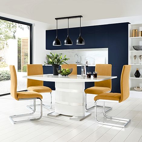 Komoro White High Gloss Dining Table with 6 Perth Mustard Velvet Chairs