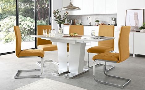 Vienna White High Gloss Extending Dining Table with 4 Perth Mustard Velvet Chairs