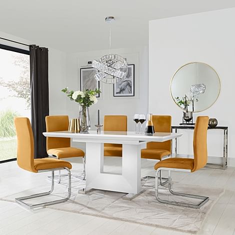 Florence Extending Dining Table & 4 Perth Chairs, White High Gloss, Mustard Classic Velvet & Chrome, 120-160cm