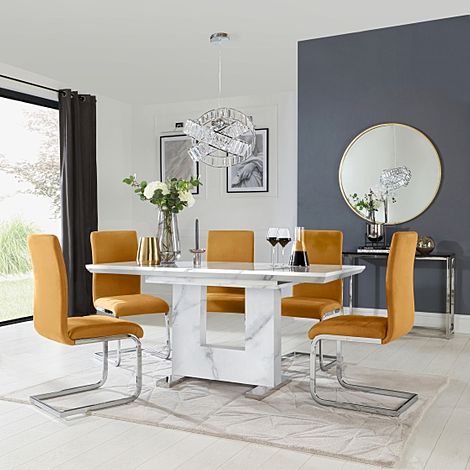Florence Extending Dining Table & 4 Perth Chairs, White Marble Effect, Mustard Classic Velvet & Chrome, 120-160cm