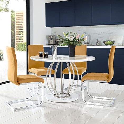 Savoy Round White High Gloss and Chrome Dining Table with 4 Perth Mustard Velvet Chairs