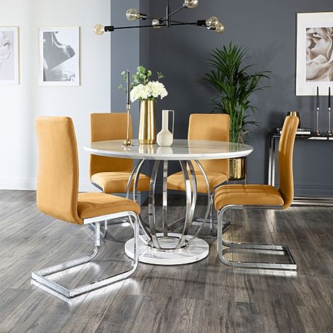 Savoy Round Dining Table & 4 Perth Chairs, White Marble Effect & Chrome, Mustard Classic Velvet, 120cm