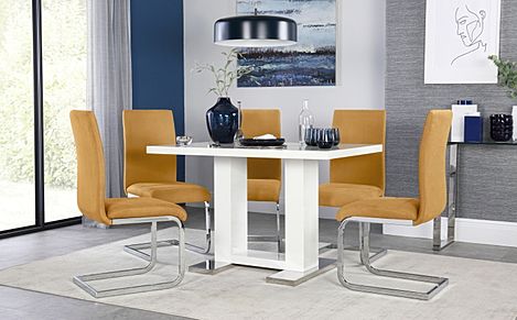 Joule White High Gloss Dining Table with 4 Perth Mustard Velvet Chairs