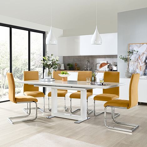 Tokyo White High Gloss Extending Dining Table with 6 Perth Mustard Velvet Chairs