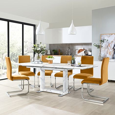 Tokyo Extending Dining Table & 4 Perth Chairs, White Marble Effect, Mustard Classic Velvet & Chrome, 160-220cm