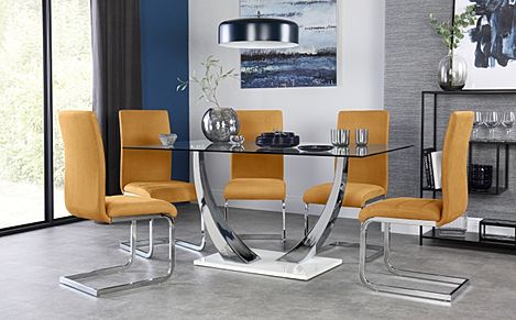 Peake Glass and Chrome Dining Table with 4 Perth Mustard Velvet Chairs (White Base)