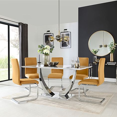 Peake White Marble and Chrome Dining Table with 4 Perth Mustard Velvet Chairs