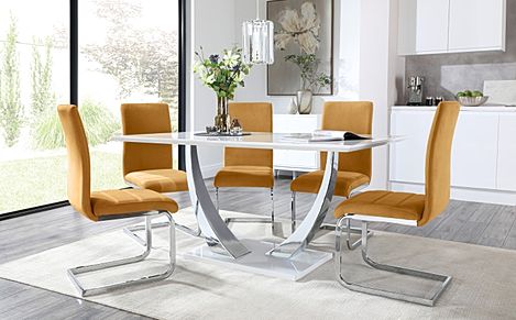Peake White High Gloss and Chrome Dining Table with 4 Perth Mustard Velvet Chairs
