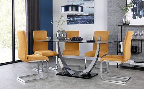 Peake Glass and Chrome Dining Table with 4 Perth Mustard Velvet Chairs (Black Base)