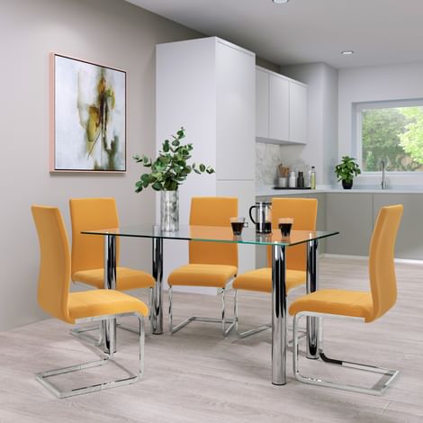 Lunar Dining Table & 6 Perth Chairs, Glass & Chrome, Mustard Classic Velvet, 140cm