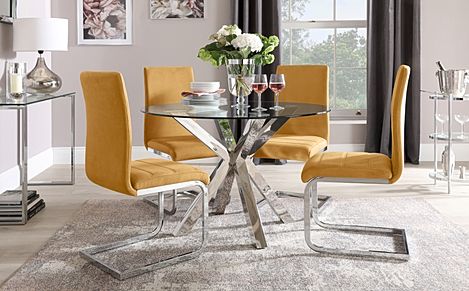 Plaza Round Dining Table & 4 Perth Chairs, Glass & Chrome, Mustard Classic Velvet, 110cm