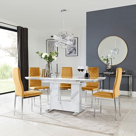 Florence White Marble Extending Dining Table with 4 Renzo Mustard Velvet Chairs