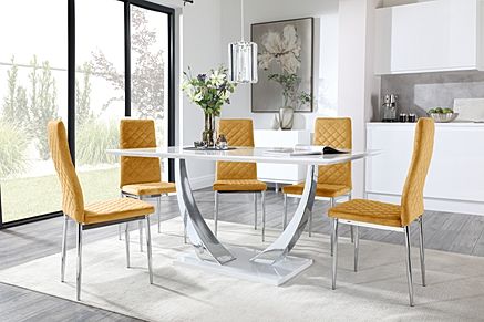 Peake White High Gloss and Chrome Dining Table with 6 Renzo Mustard Velvet Chairs