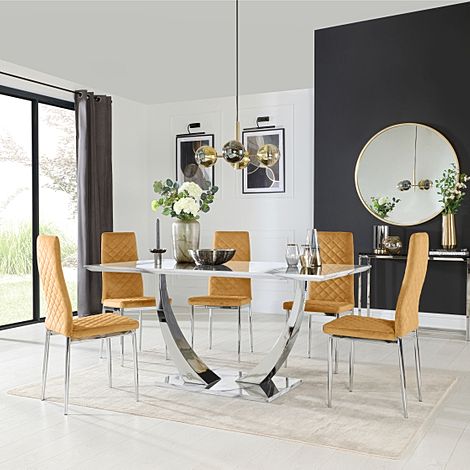 Peake White Marble and Chrome Dining Table with 4 Renzo Mustard Velvet Chairs
