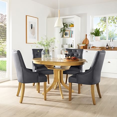 Hudson Round Oak Extending Dining Table with 4 Duke Grey Leather Chairs