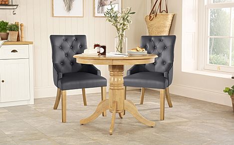 Kingston Round Dining Table & 2 Duke Chairs, Natural Oak Finished Solid Hardwood, Grey Classic Faux Leather, 90cm