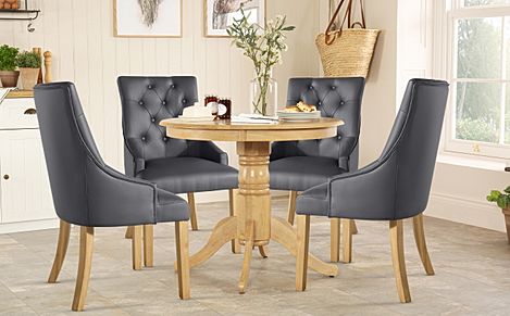 Kingston Round Oak Dining Table with 4 Duke Grey Leather Chairs