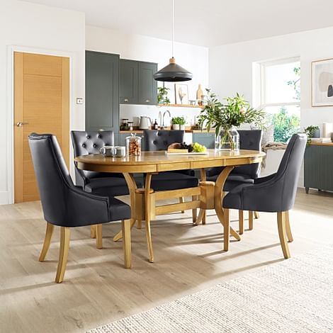 Townhouse Oval Oak Extending Dining Table with 4 Duke Grey Leather Chairs