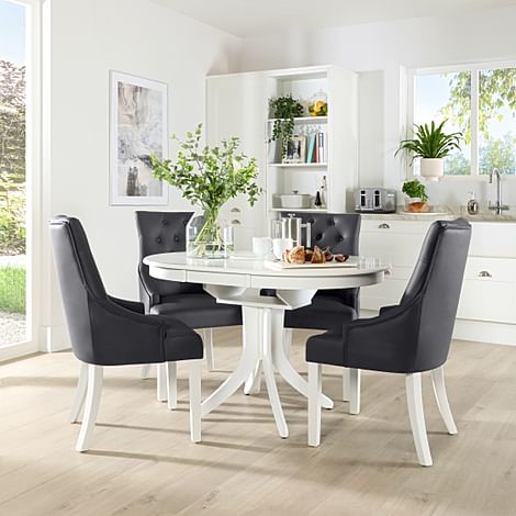 Hudson Round White Extending Dining Table with 4 Duke Grey Leather Chairs