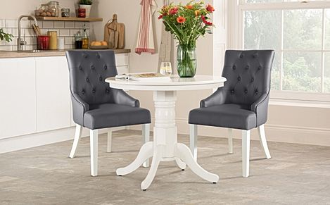 Kingston Round White Dining Table with 2 Duke Grey Leather Chairs
