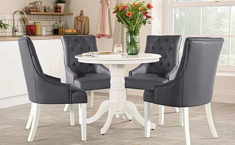 Kingston Round White Dining Table with 4 Duke Grey Leather Chairs