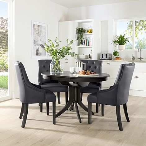 Hudson Round Extending Dining Table & 4 Duke Chairs, Grey Solid Hardwood, Grey Classic Faux Leather, 90-120cm