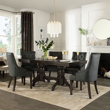Chatsworth Extending Dining Table & 6 Duke Chairs, Grey Birch Veneer & Solid Hardwood, Grey Classic Faux Leather & Grey Solid Hardwood, 150-180cm