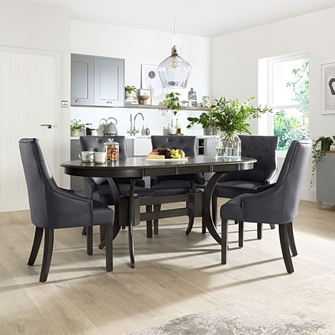Townhouse Oval Grey Wood Extending Dining Table with 4 Duke Grey Leather Chairs