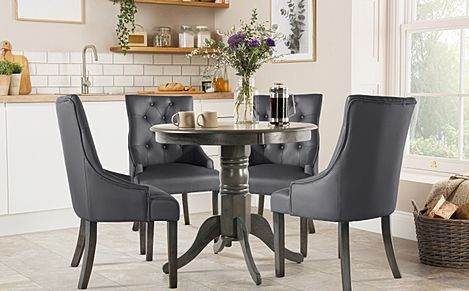 Kingston Round Grey Wood Dining Table with 4 Duke Grey Leather Chairs