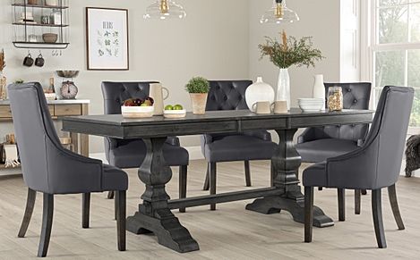 Cavendish Grey Wood Extending Dining Table with 6 Duke Grey Leather Chairs